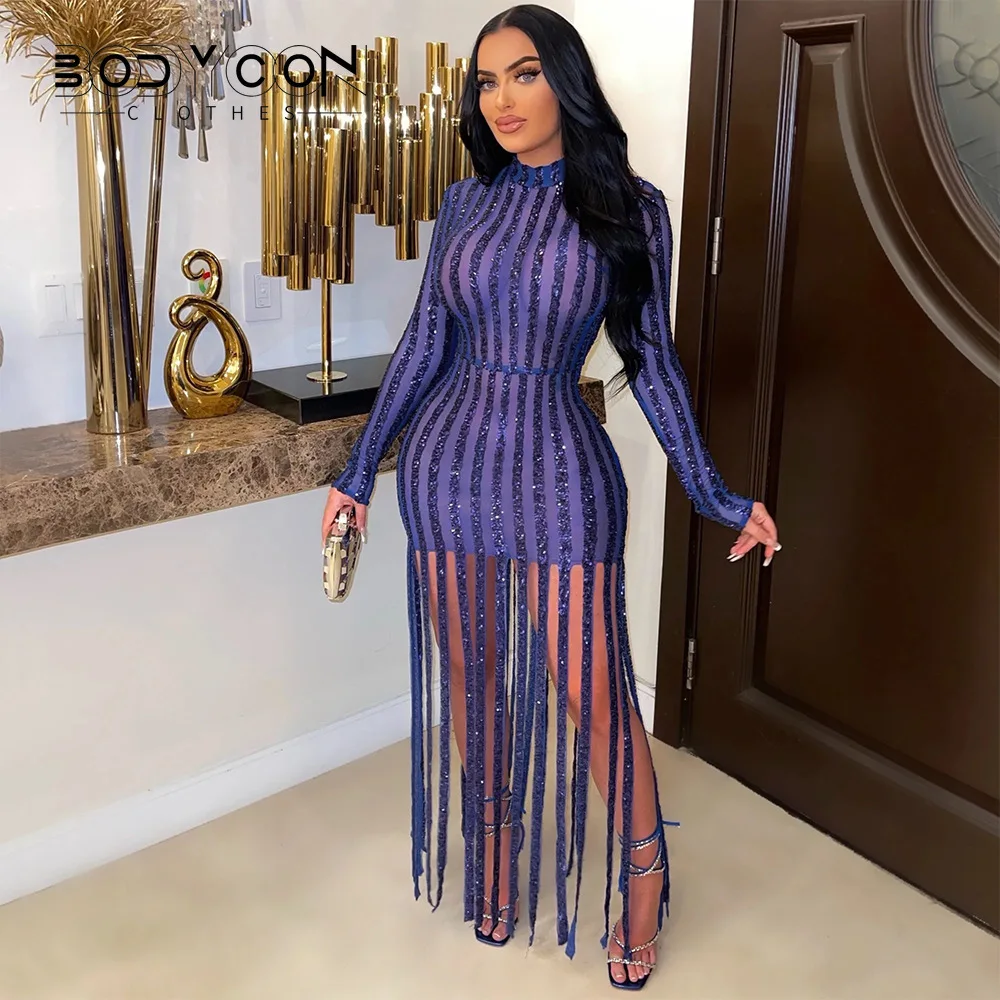 

BODYCON Women Sequines Striped Long Sleeve Tassel Bodycon Midi Maxi Long Dress 2023 Sexy Club Evening Party Dresses Vestidos