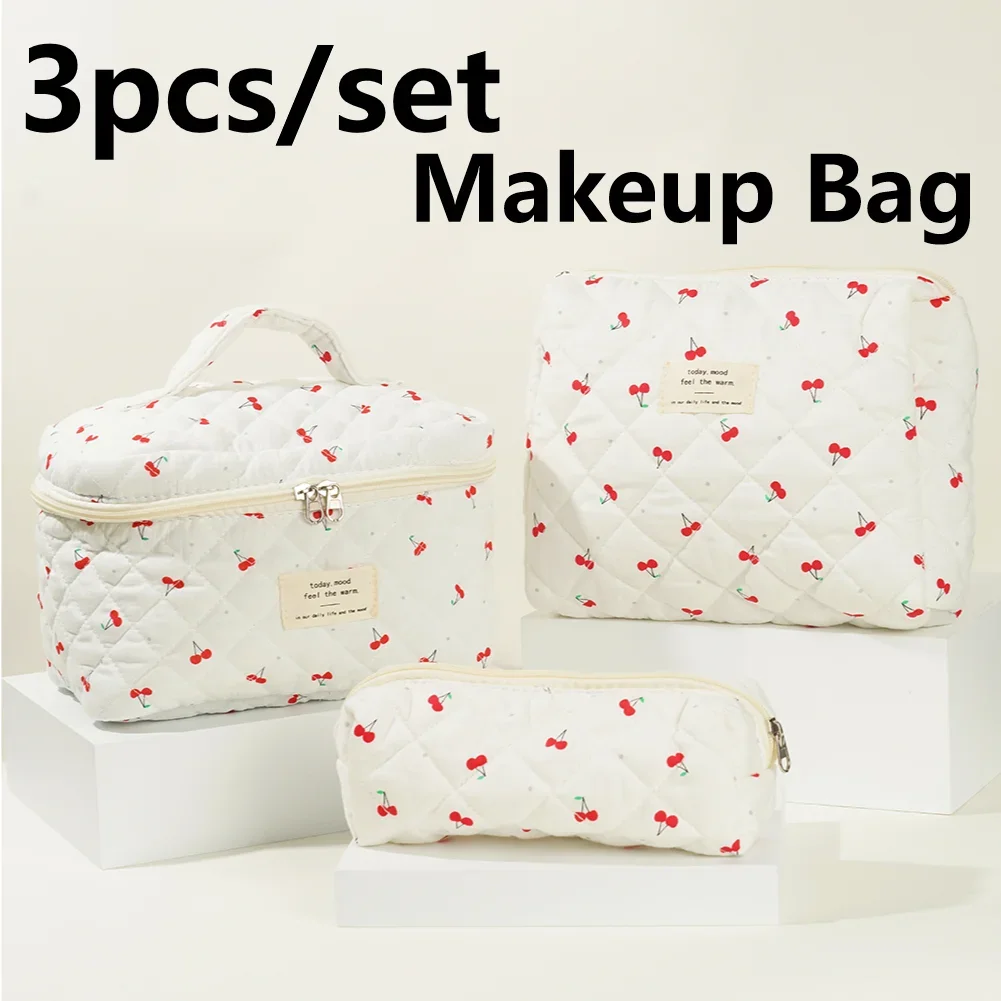 3 PCS/Set Women Quilted Makeup Bag Cherry Pattern Cosmetic Handbag with Clutch Bag & Pen Case Large Capacity Travel Storage Bags 3