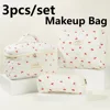 3 PCS/Set Women Quilted Makeup Bag Cherry Pattern Cosmetic Handbag with Clutch Bag & Pen Case Large Capacity Travel Storage Bags 3