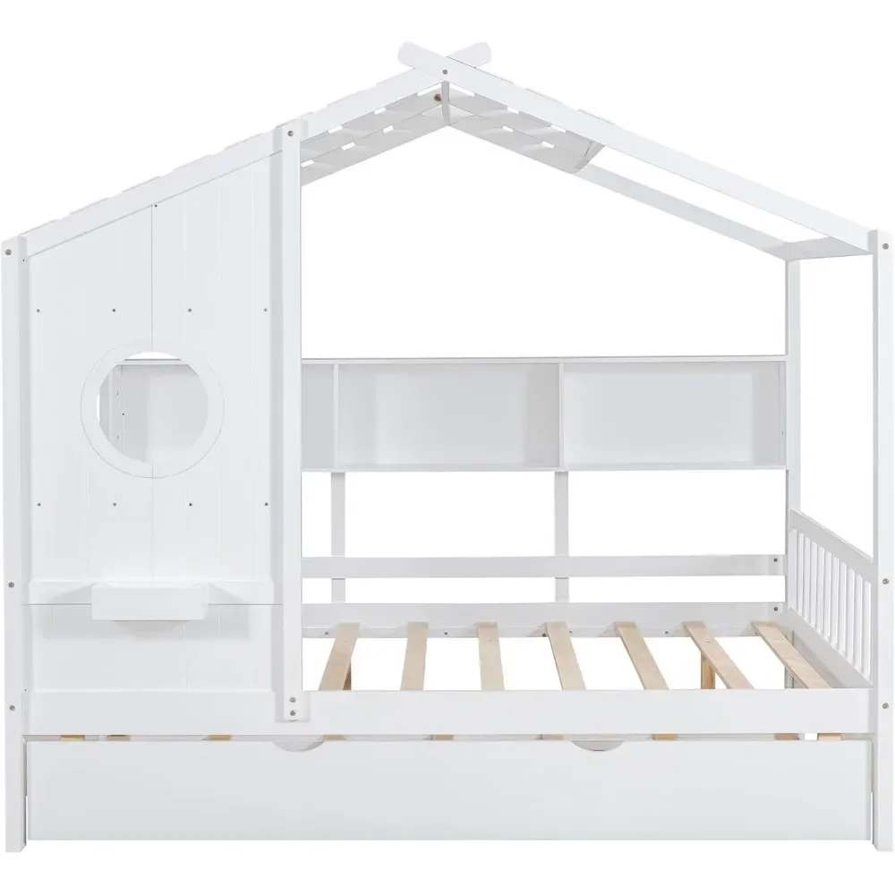 House Platform Bed for Kids Trundle Storage Shelf Wooden Low Bedframe Roof Window Guard Rails White