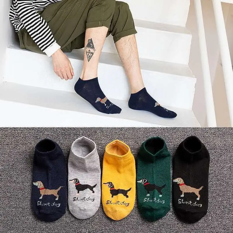 

5 Pairs/lot Fashion Business Men Lovely Dogs Socks Cartoon Pupy Male Low Cut Ankle Boys Adult Casual Slippers Black Boat Sox