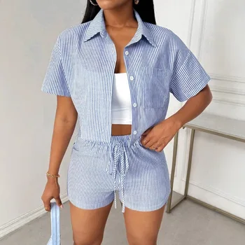New Fashion Women's Clothing Trend Lapel Casual Striped Shirt Short Sleeve Shorts Two-piece Set Two Piece Sets Womens Outifits 1