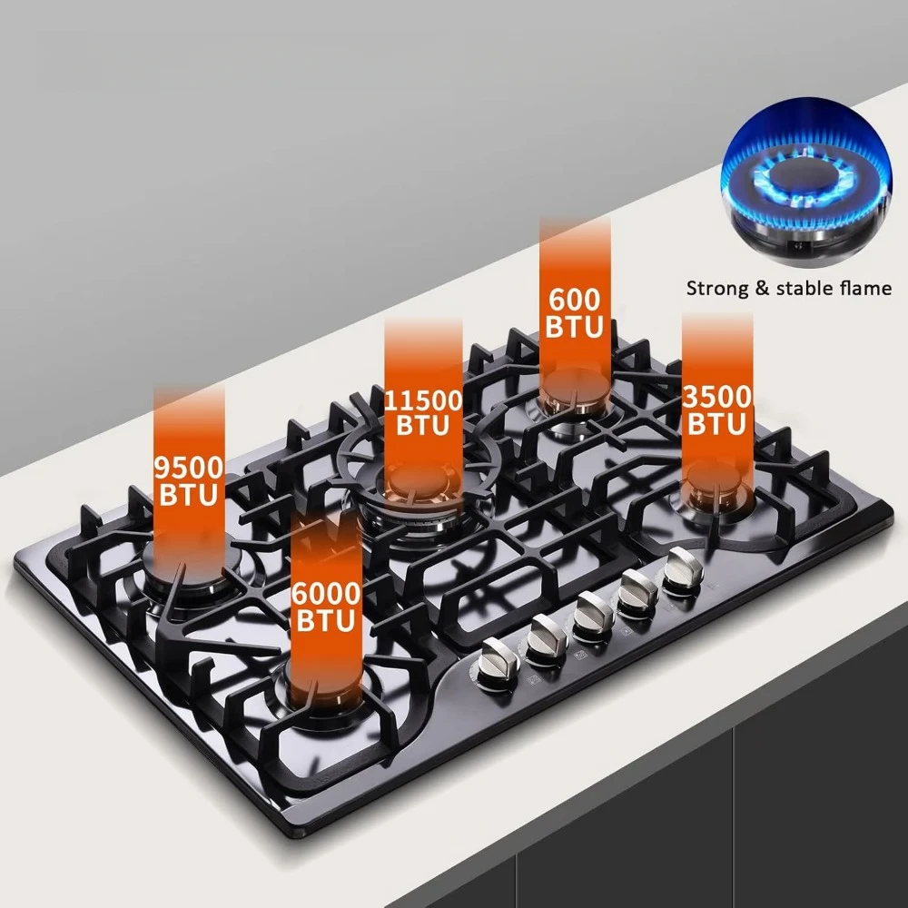 30 Inch Gas Cooktop, Built-in Stainless Steel Gas Stovetop 5 High Efficiency Burners Gas Stove  Convertible Gas Hob (Black) 2