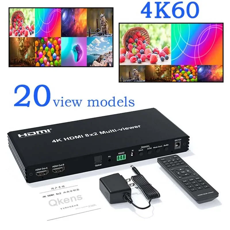 4K HDMI 8x2 멀티뷰어, PIP 기능 탑재, 8입력 2출력 듀얼 디스플레이, 광/3.5mm 오디오 지원, 2/3/4/5/6/7/8 멀티뷰어