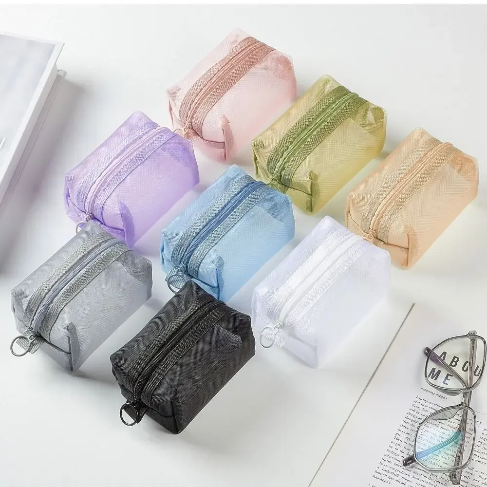 Mini Clear Nylon Mesh Cosmetic Bags Cute Women Small Lipstick Makeup Bags Pouch Data Line Key Earphone Organizer Case