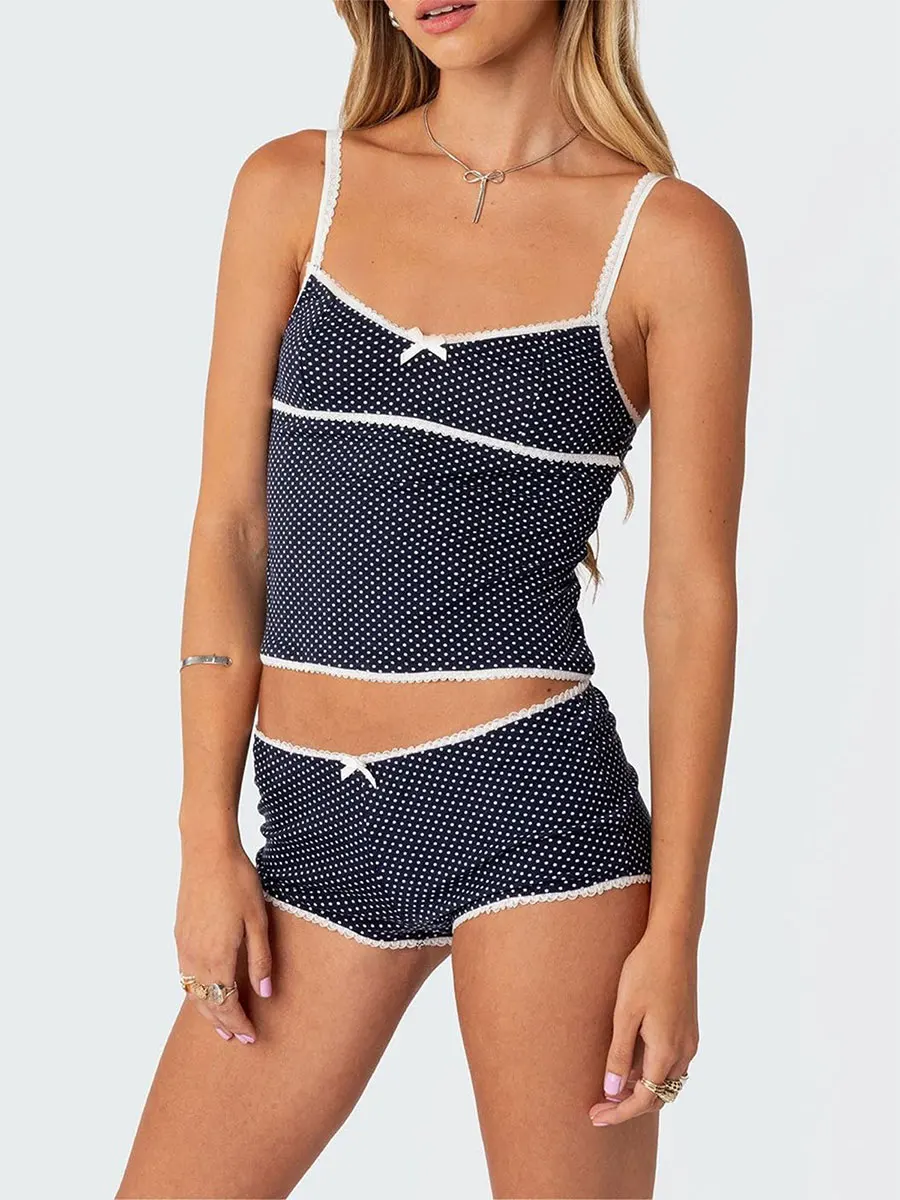 

New Fashion Women 2 Piece Outfits Dot Print Sleeveless Camisole And Elastic Shorts Club Streetwear Summer Clothes S-XL