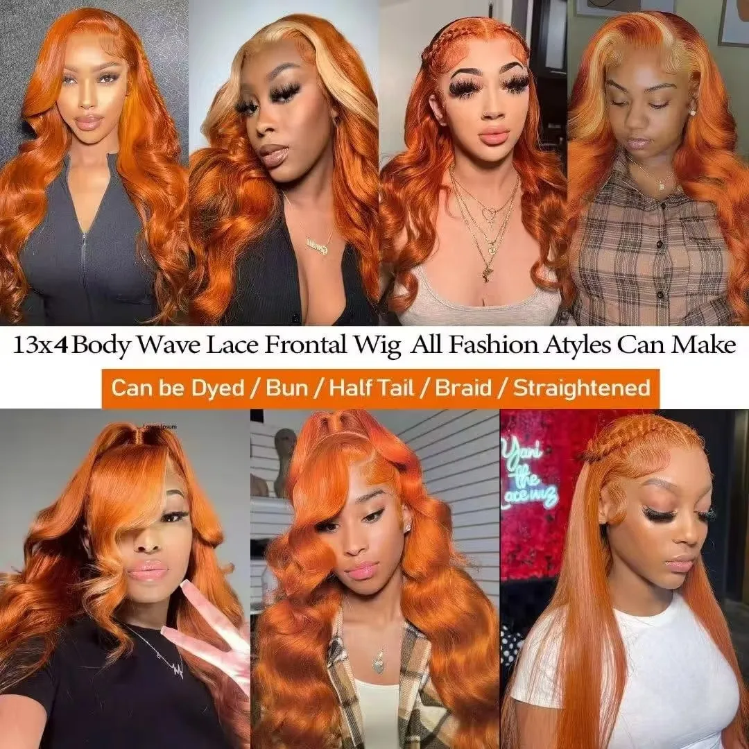 Ginger Body Wave13x4 HD Transparent Lace Front Wigs Human Hair Orange Colored Lace Front Wig for Women 200% 350 Color Frontal 5