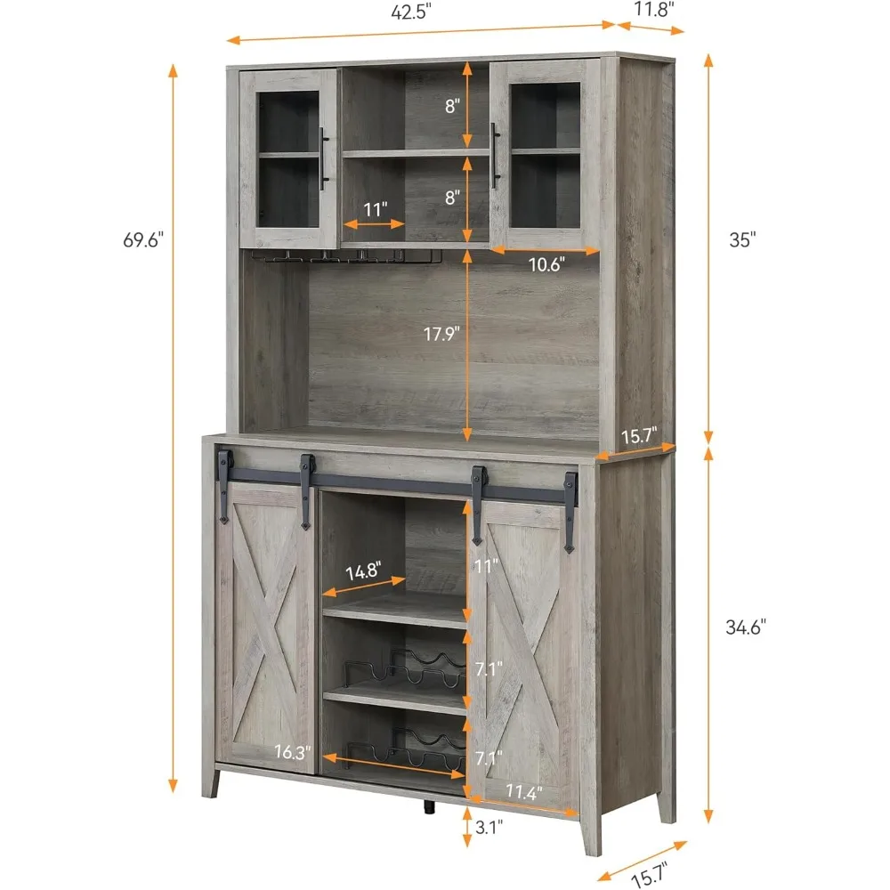 Farmhouse Coffee Bar Cabinet with Sliding Barn Door, 70" Tall Buffet Cabinet with Storage Shelves, Liquor Wine