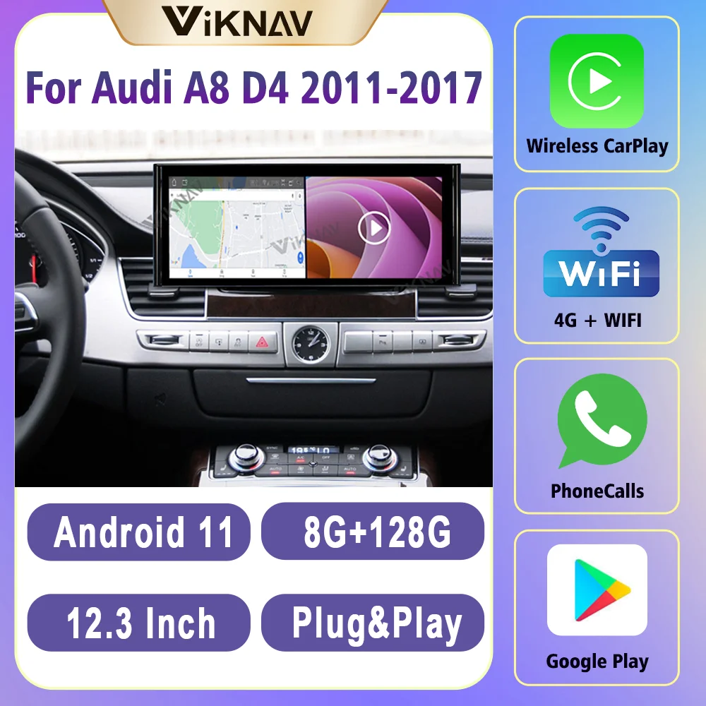 

12.3Inch Touch Screen Android 11 Carplay Radio For Audi A8 D4 2011-2017 Navigation GPS Plug&Play Auto Accessoire 1080P 4G WIFI