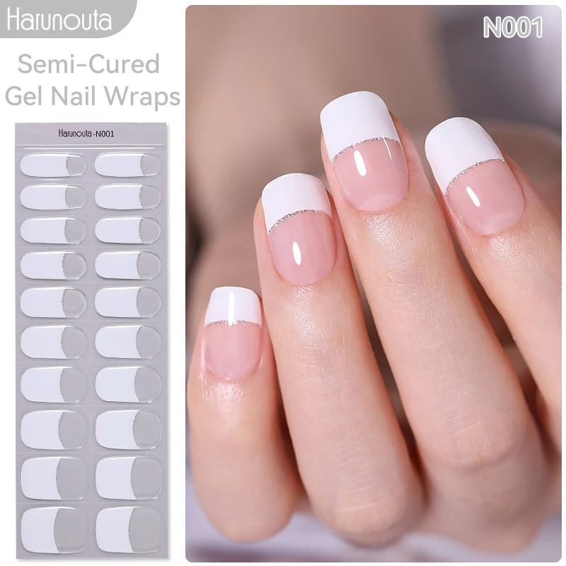Harunouta Milky Jelly White Semi-cured Gel Nail Wraps 20Tips Fashion Color Long Lasting Full Cover Nail Gel Sticker Wraps Manicu 2
