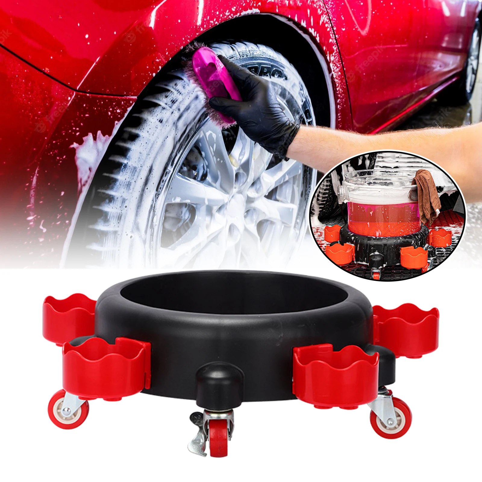 Heavy Duty Car Wash Bucket Rolling Bucket Dolly Accessories Wheeled Bucket Base with 5 Swivel Caster 360&deg; Rolling Dolly Soap Holder car wash bucket rolling bucket dolly