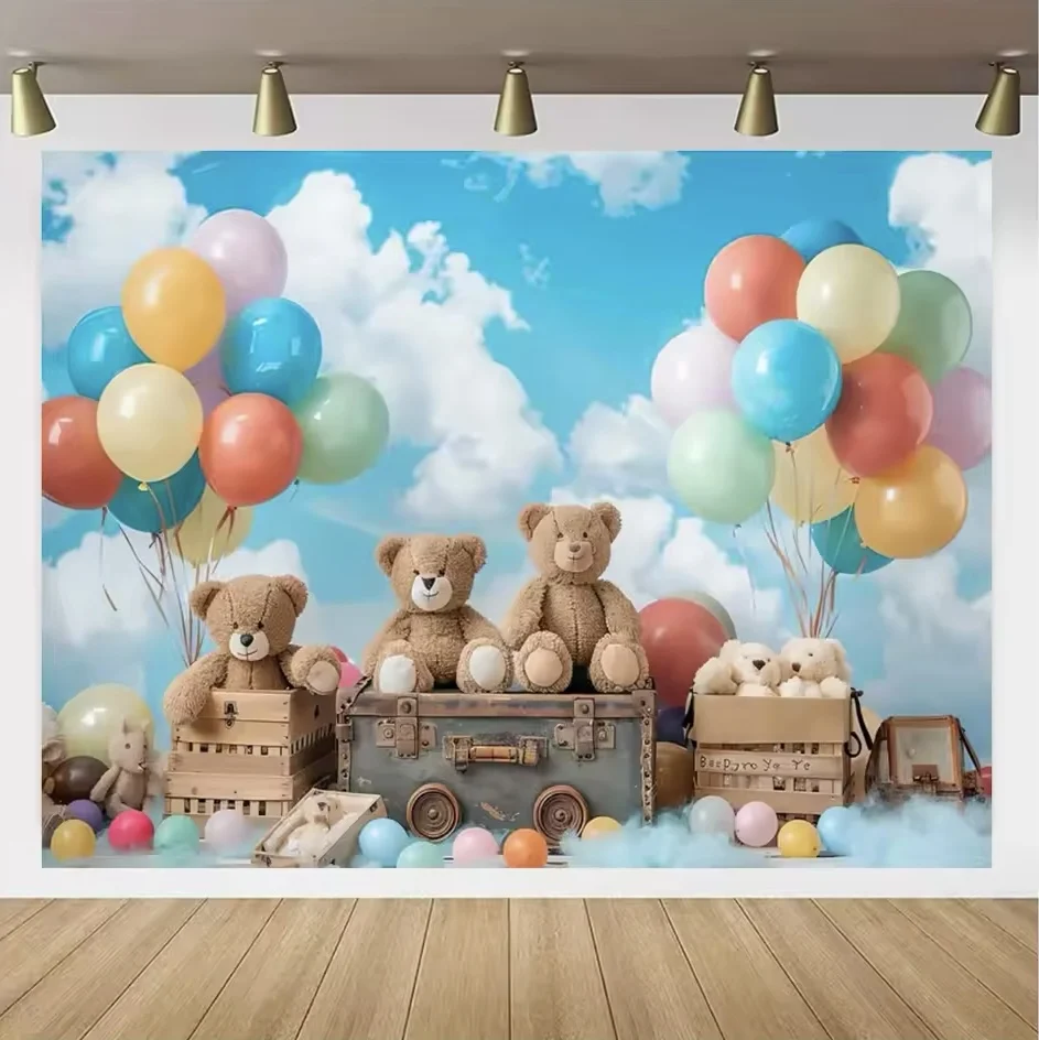 Colorful Balloon Teddy Bear Birthday Party Banner and Baby Shower Photography Backdrop
