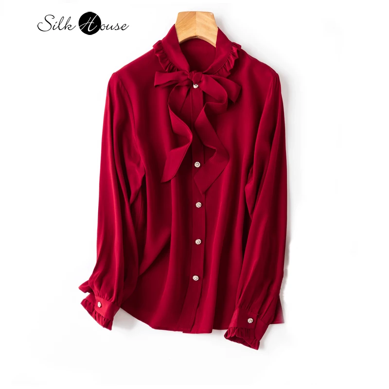 2023 New Red French Elegant Silk Ribbon Collar Vintage Wood Ear Edge Silk Crepe Double Long Sleeve Shirt Female