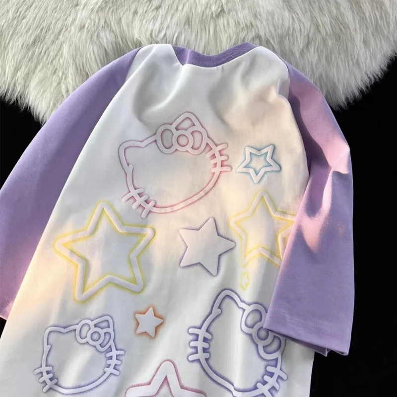 Sanrio Olá Kitty Oversized T-shirt Para As Mulheres Estrela Do Verão Y2k Menina Manga Curta O-pescoço Bonito Rosa Top Kawaii Tees Blusa Moda