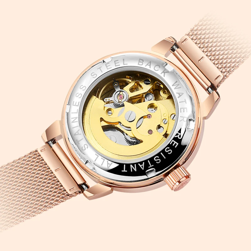 MG ORKINA Orologio da donna originale con quadrante scheletrato automatico analogico da polso con cinturino in maglia intrecciata in acciaio inox (Argento e Bianco