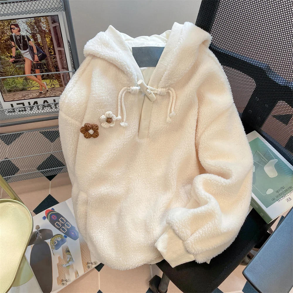 

Sweet Women Hoodies Floral Appliques Warm Soft Hooded Sweatershirt Loose Long Sleeve Casual Outwear Shirts