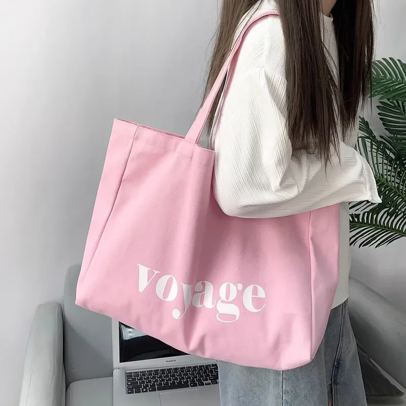 Versatile Letter Voyage Canvas Tote Bag, Large Capacity Handbag Shoulder Bags for Women Travel Shopping Bag, Student Schoolbags