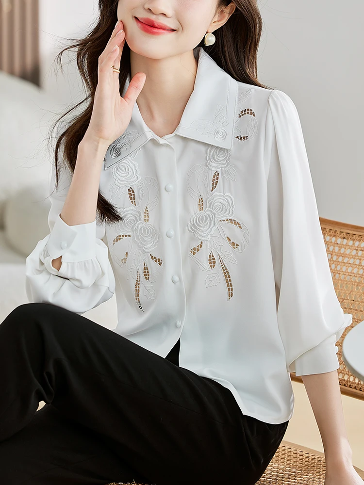QOERLIN Office Ladies Embroidery Shirt Women Long Sleeve White Blouse Hollow Out 2023 New Temperament Shirt Workwear Elegant
