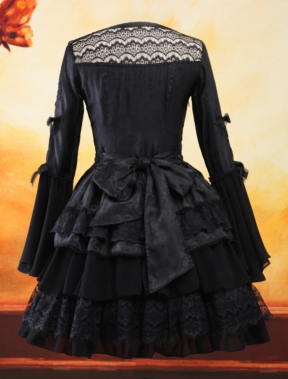 Gothic Black Lolita One Piece Dress Long Hime Sleeves Lace