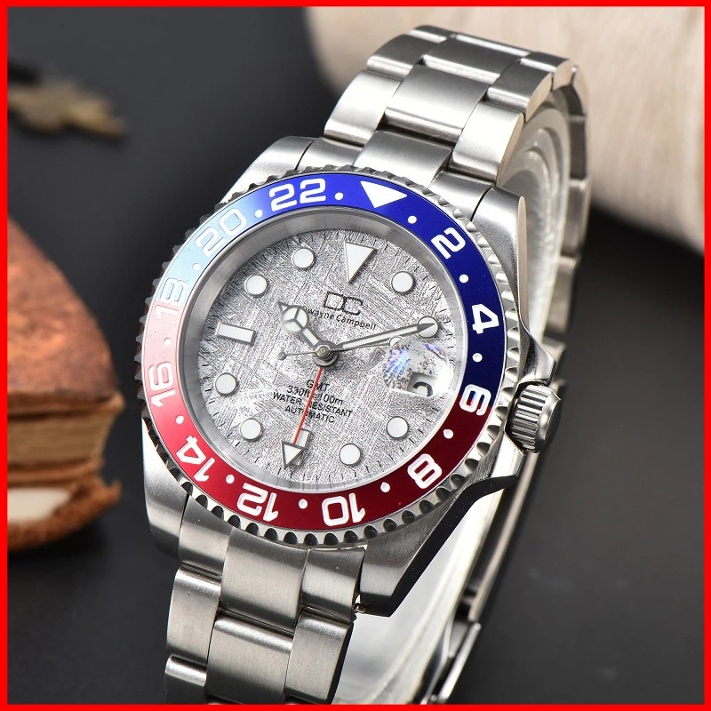 Top GMT Watches NH34 Meteorite Pattern Customized Logo S Logo Men Left