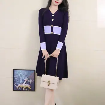 Nuovi abiti da donna a maniche lunghe alla moda di media lunghezza slim con scollo a V autunnale 1