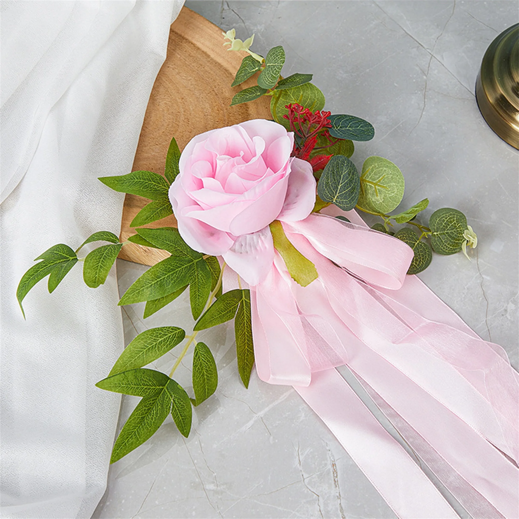 Artificial Flower Garland with Ribbons for Wedding Aisle Decorations Pew Chair Decor Ceremony Party Supplies