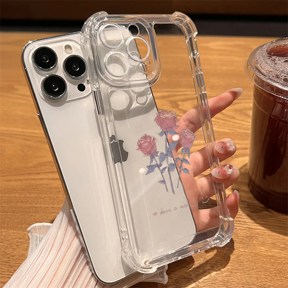 

Vintage Rose Phone Case for iPhone 15 14 13 ProMax XR XS Max 7 8 Plus SE 12 11 Transparent Capinha Shockproof Hard Back Cover