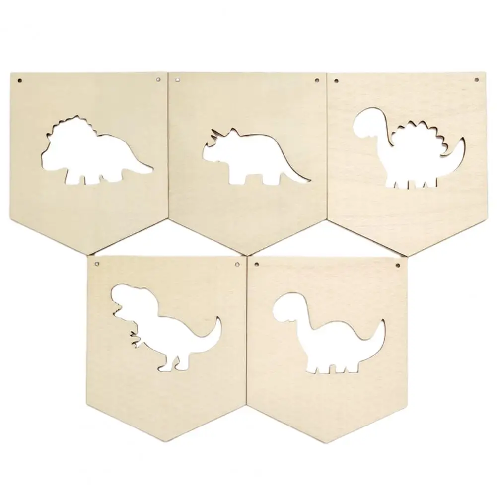 Bunting Banner Nordic Style DIY Dinosaur-shaped Hole Cute Decorative Wood Slices Holiday Party Banner Home Decoration  4