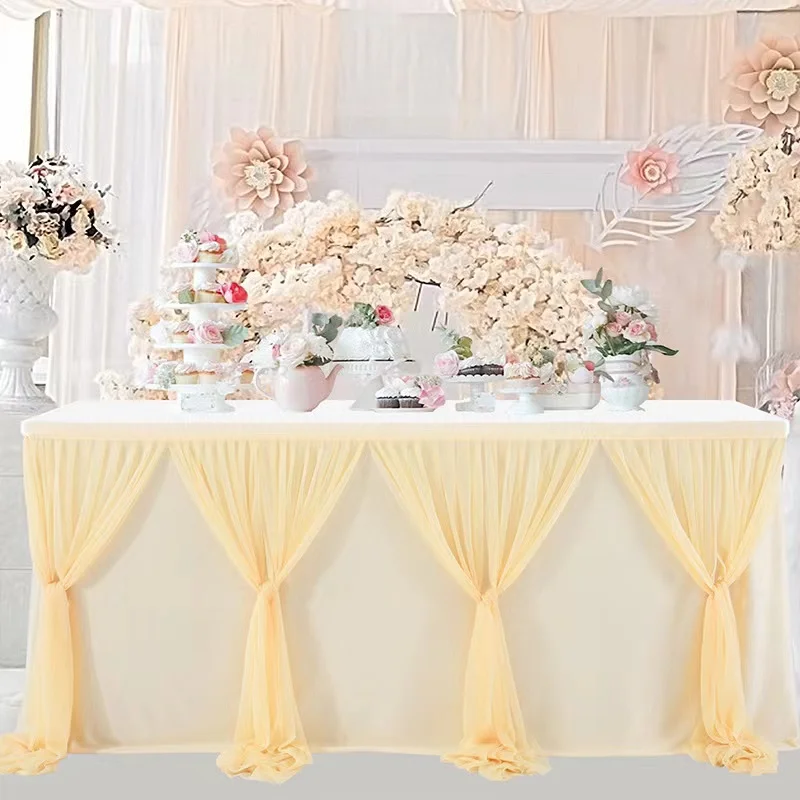 Tulle Solid Color Mesh Gauze Lace Wedding Table Skirt Birthday Banquet Desk Skirting Celebration Baby Shower Party Decoration