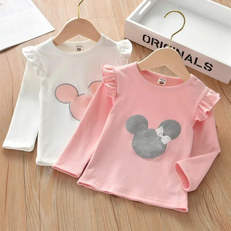New Full Sleeve Spring Autumn T-shirt Ruffles Sleeve Cute Pattern Blouse for Kids Girls Solid Cotton Winter Tops for 3-8Yrs