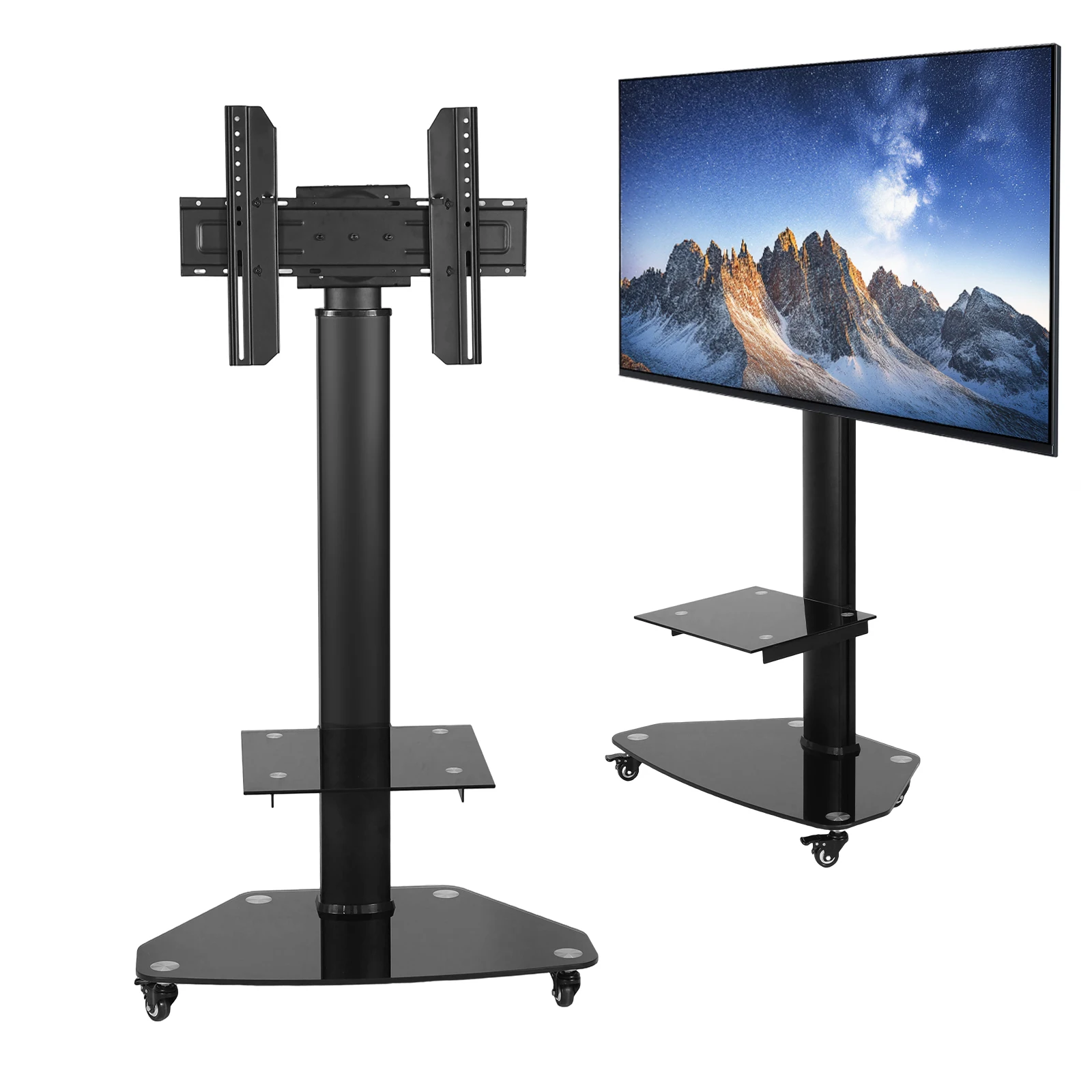 Mobile Rolling TV Stand on Wheels Height Adjustable Rolling TV Cart with Shelf for 37-70 Inch Screens Holds Up To 88lbs