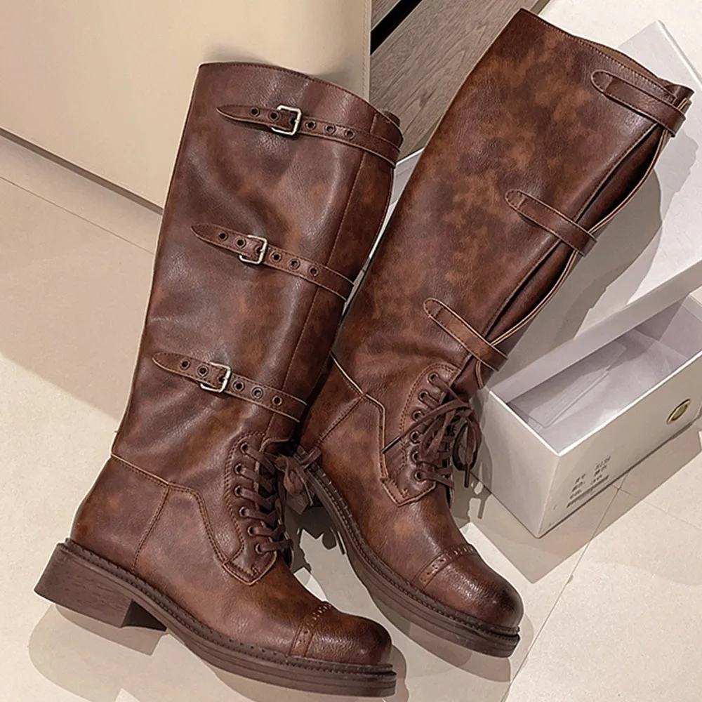 2024 Brand New Winter Punk Chunky Heels Buckles Riding Boots