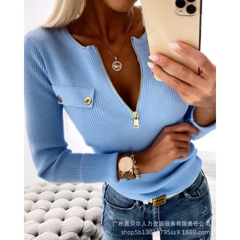 

Slim Fits O-neck Tshirts Top Autumn Casual Trend Zipper Woolen Top Tshirt Women Long Sleeve Solid Color Button Ribbed Tops