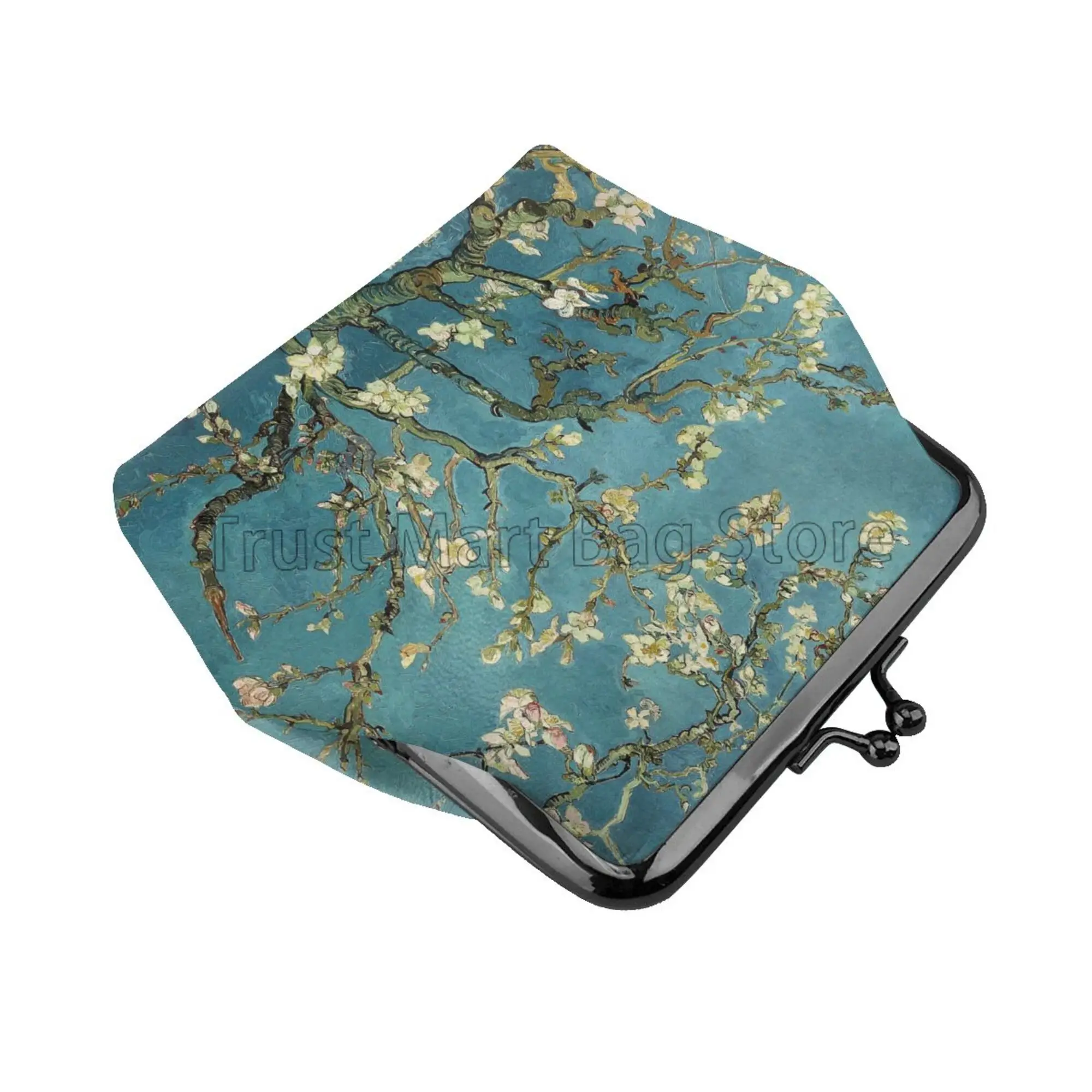 Vincent Van Gogh Almond Blossom Mini Leather Coin Purse for Women Small Change Pouch with Kiss-Lock Clasp Closure Buckle Wallet