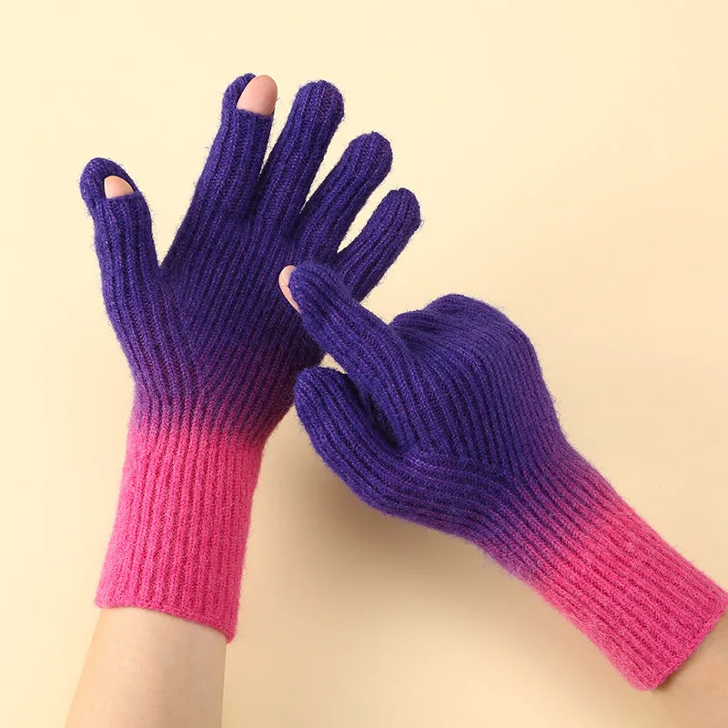 Novelty Gradient Touch Screen Gloves Women Winter Knitted Wool Rainbow Mittens Cycling Thick Warm Wrist Gloves Gants Femme