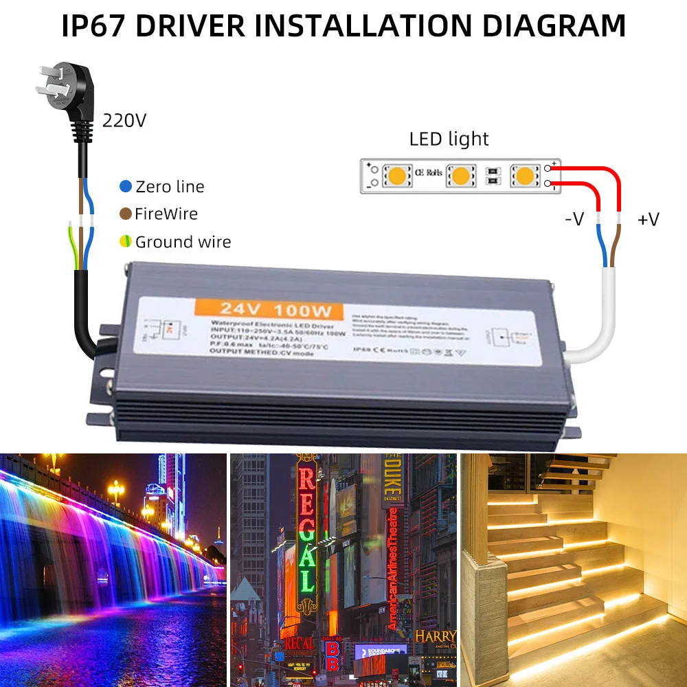 Trasformatori di illuminazione impermeabili AC 110V-220V a DC 12V 24V LED Driver adattatore di alimentazione 36W 150W 200W 500W IP67 alimentatore