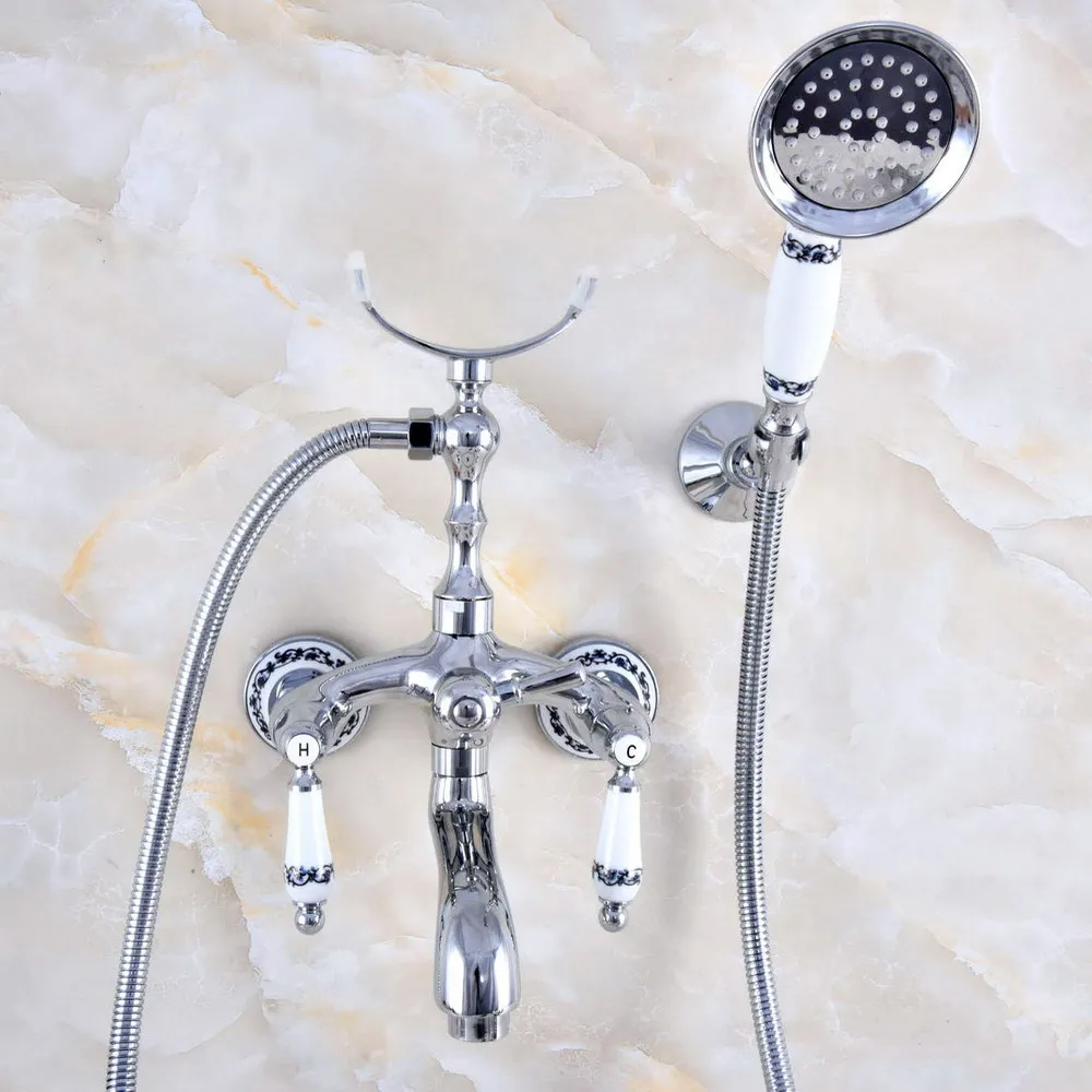 

Polished Chrome Brass Wall Mounted Bathroom Tub Faucet Set WITH/ 1.5M Handheld Shower Spray Head Mixer Tap Dna751