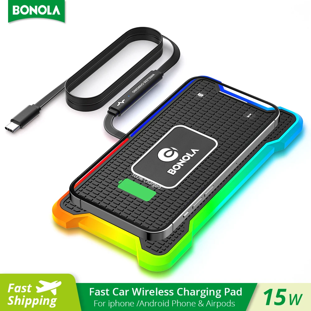 

Bonola RGB Car Silicone Wireless Charger Pad for iPhone 15pro/14/13 Qi Induction Wireless Car Chargers Pad for Samsung/Huawei