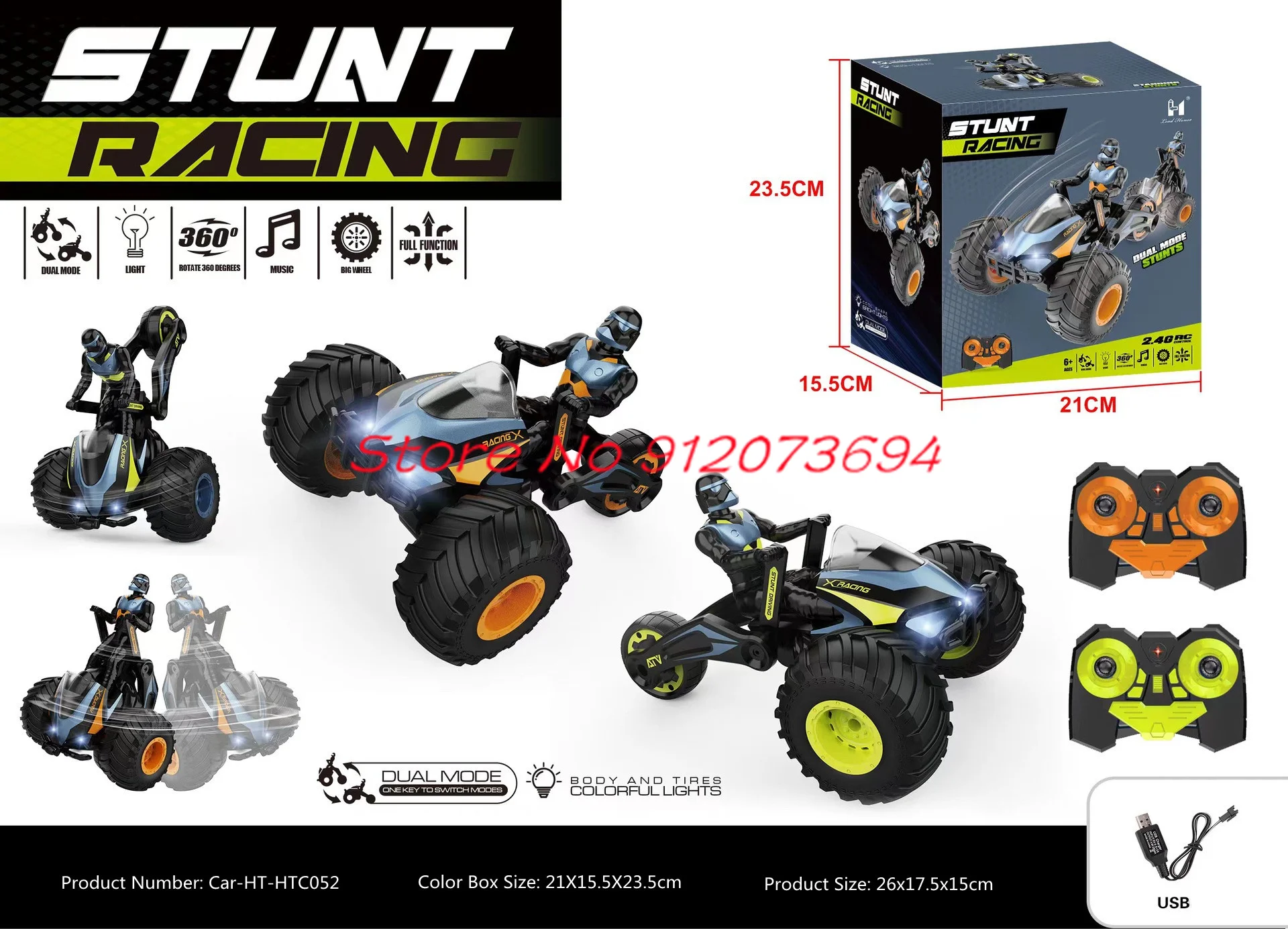 Deformación de modo dual Control remoto de alta velocidad motocicleta 30 minutos iluminación fría y efecto de sonido 360 °   Coche triciclo RC giratorio