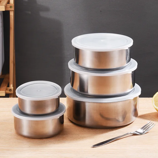 Boîte à Bento en acier inoxydable avec couvercle, réfrigérateur réutilisable, bol à légumes, récipient de stockage des aliments, accessoires de cuisine 5 pièces/ensemble 2