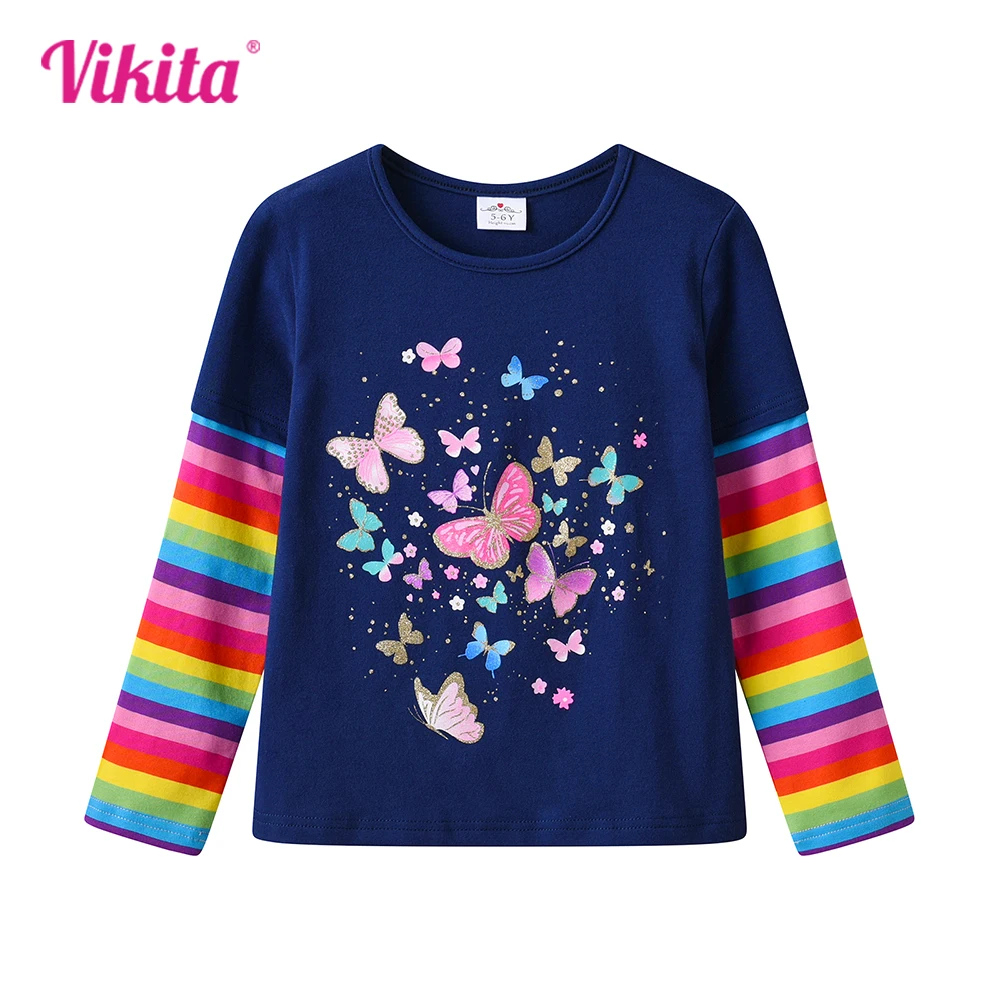 VIKITA Mädchen-T-Shirts mit Schmetterlings-Cartoon-Druck, Marineblau, für Kinder, Baumwolle, lässig, täglich, gestreift, langärmelig, O-Ausschnitt, Kinderkleidung