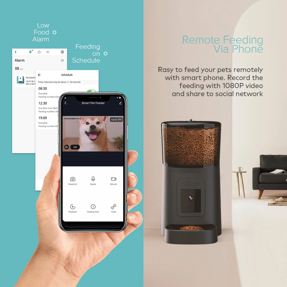 Video-WiFi-knop van 6 liter, slimme automatische voerbak voor huisdieren, APP, timing, voeding, spraakopnamecamera voor honden, katten, voerbak voor huisdieren