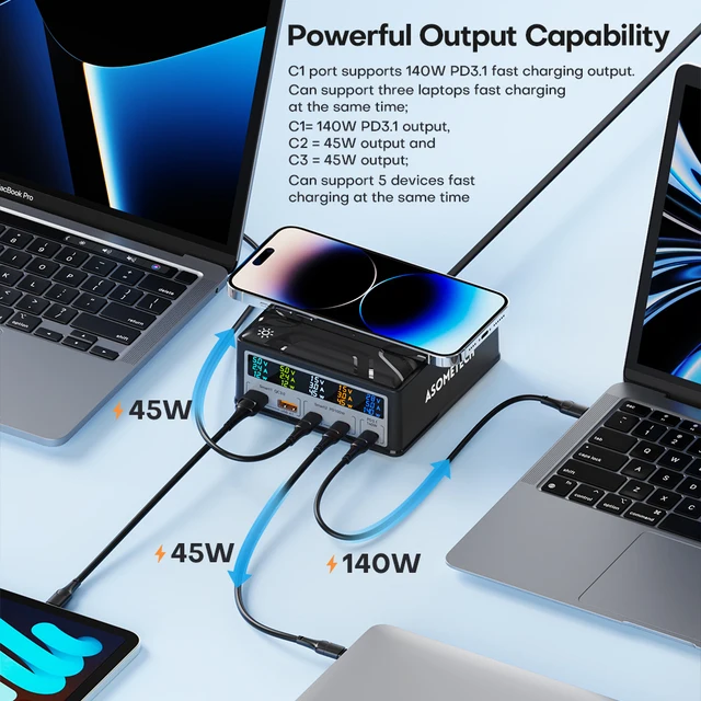 다기능 포트와 안전한 고속 충전을 지원하는 ASOMETECH 260W GaN 충전기