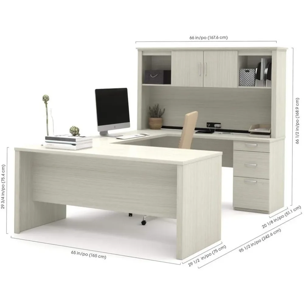 L-Shaped Executive Office Desk with Pedestal and Hutch，Desk with 3 Storage Cabinets， Executive Office Desk 4
