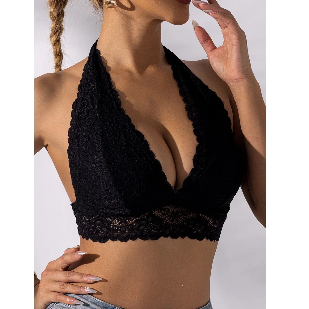 Plus Size Sexy Floral Lace Backless Halter Bra Comfy & Breathable Deep V-neck Seamless Wire Free Bras Women Underwear
