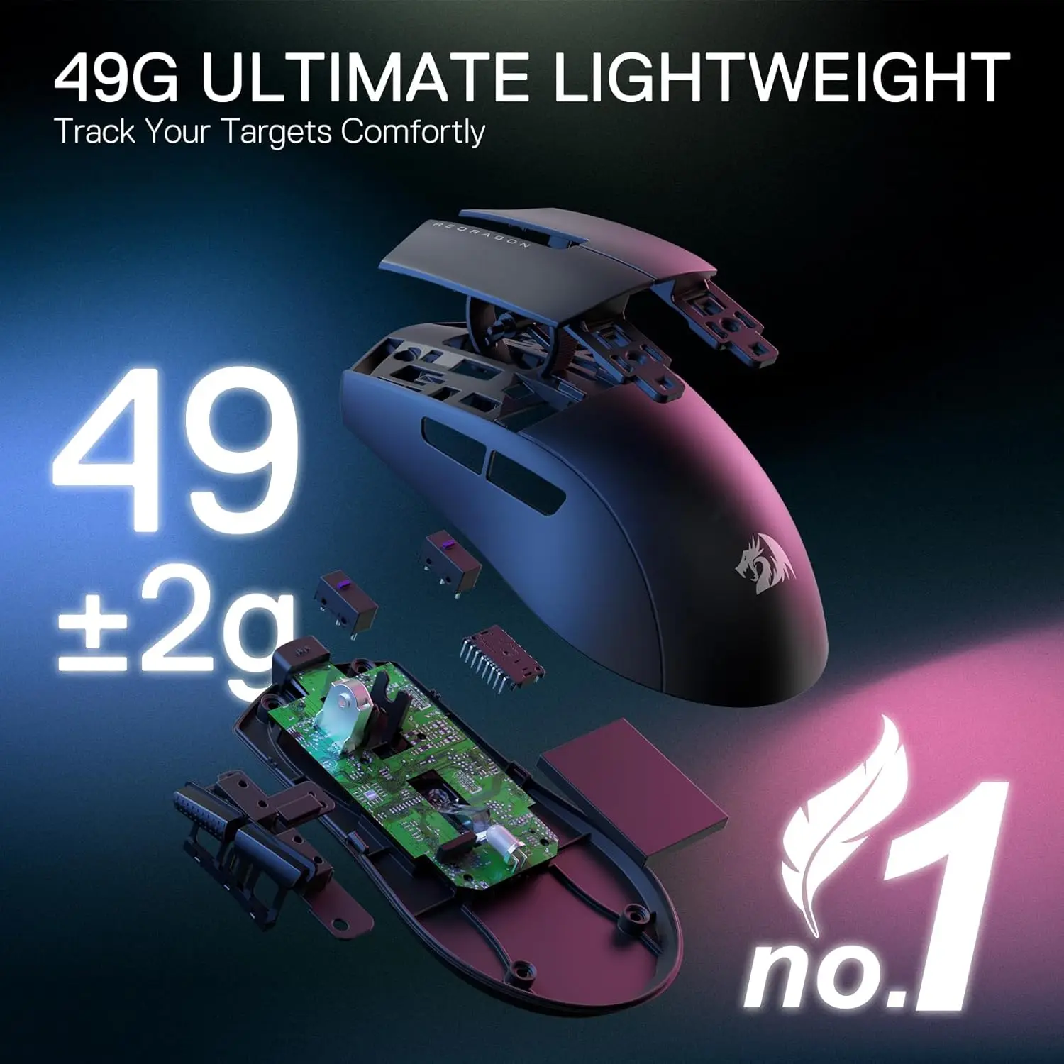 Redragon M916 LIT Wireless Gaming Mouse, 49G Ultra-Light 1K DPI Mouse w/Ergonomic Natural Grip Build view 3