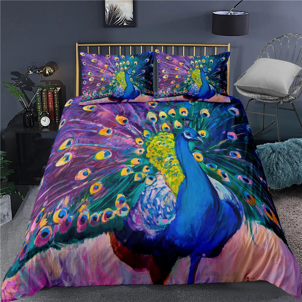 Peacock Duvet Cover Plum Blossom Decor Bedding Set King Size Crane Peacock Feather Floral Pattern Romantic Quilt Cover 4