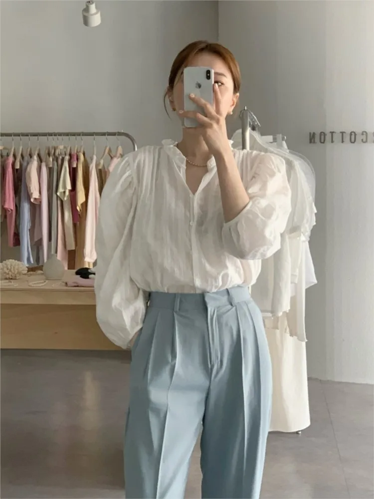 Summer Long Sleeve Shirts Tops Women Fashion Korean Style Loose Pleated Ladies Blouses Casual Puff Sleeve Woman Shirt Tops