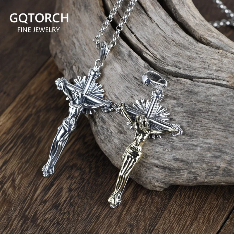 Genuine Sterling Silver 925 Catholic Crucifixes Pendant Male Retro