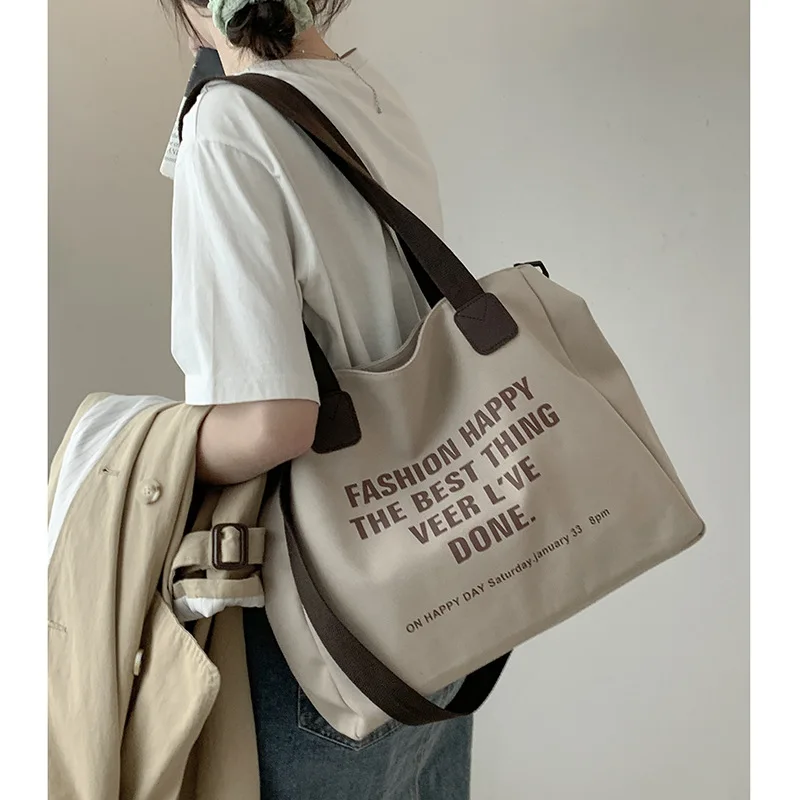 Korean Version of Large-capacity Canvas Bag Female 2022 New Fashion Letter Printing Tote Bag Joker Leisure Messenger Bag